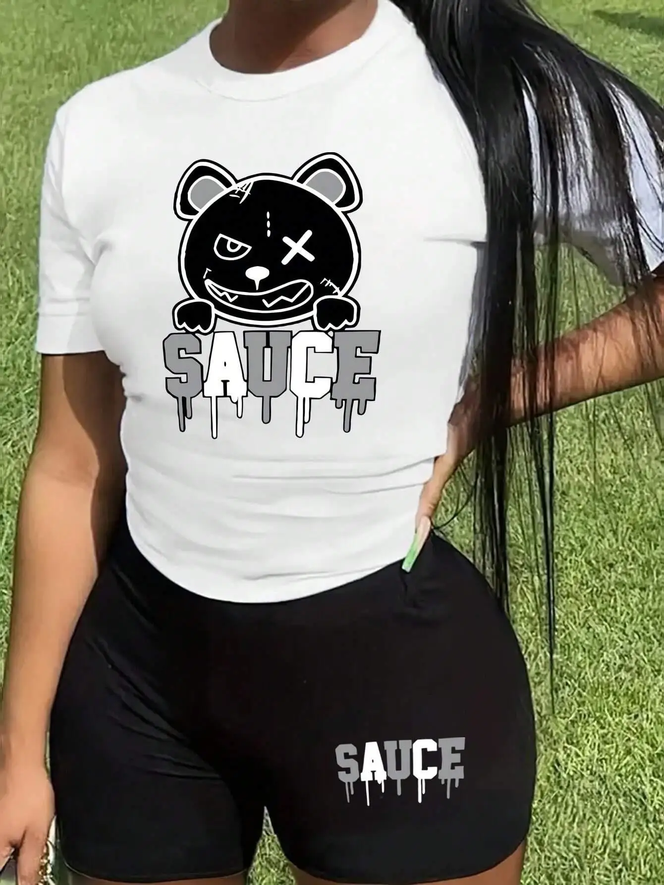 Женский хлопковый комплект из футболки и шорт с принтом медведя