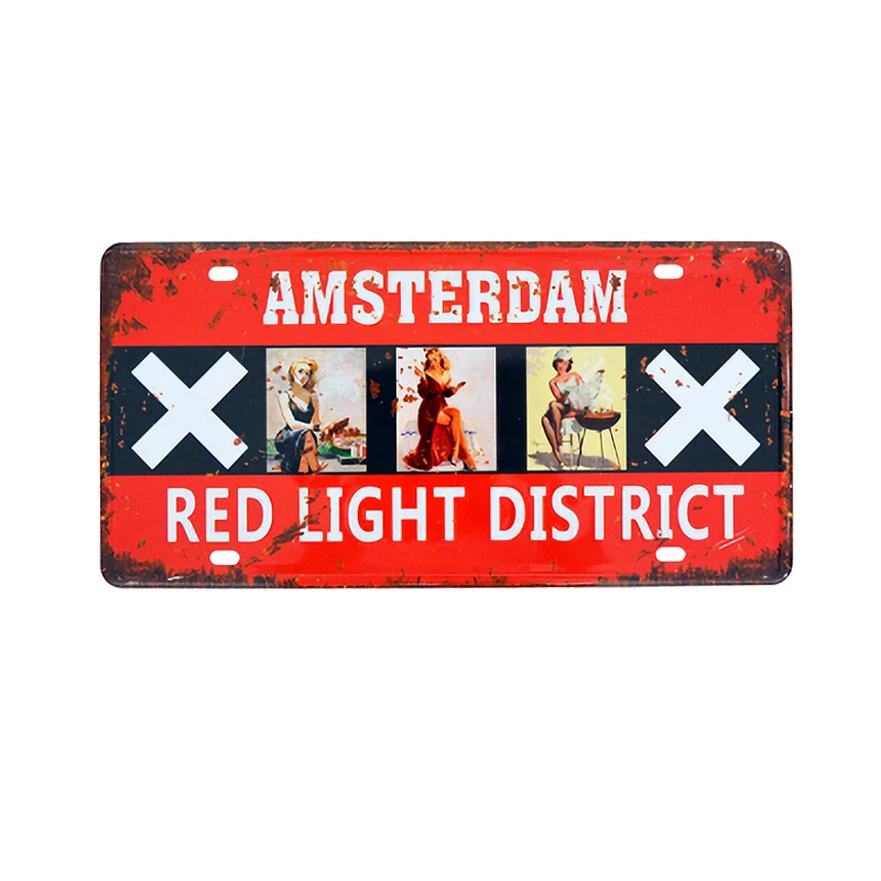 

Amsterdam Plaque Vintage Car License Plate Decorative Metal Tin Sign Bar Pub Home Wall Decor Red Light Iron Poster