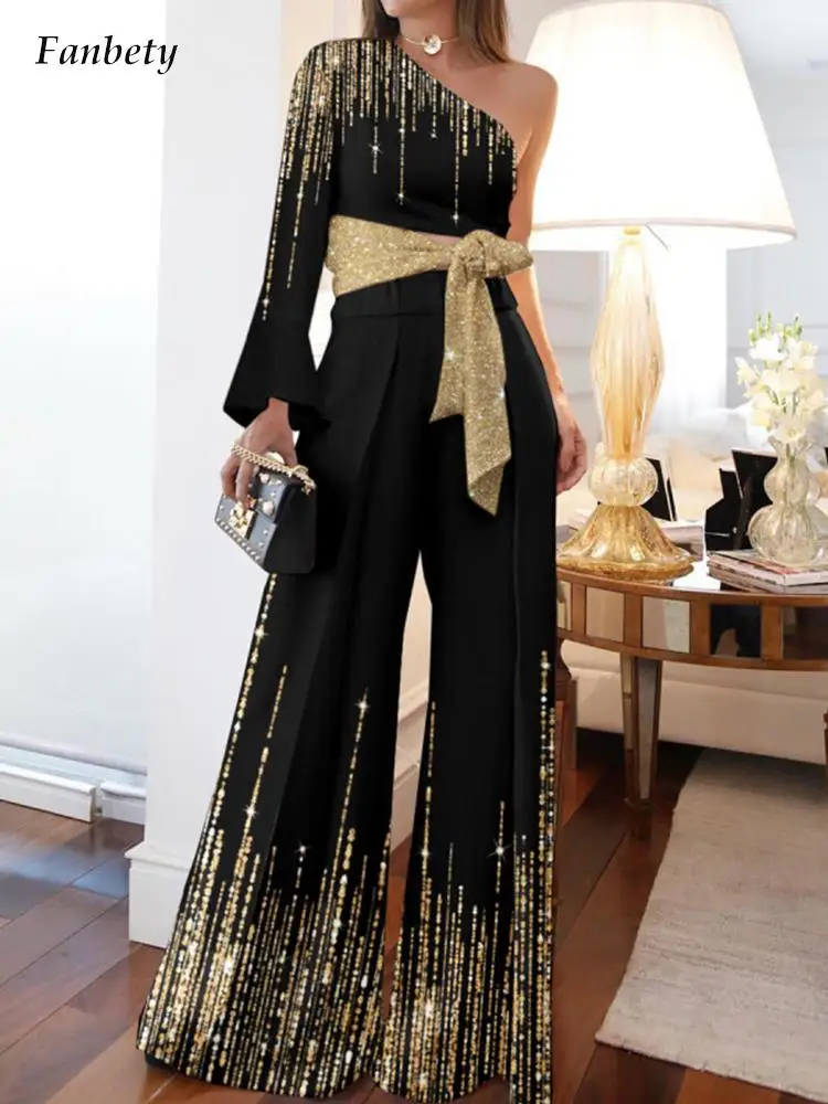 

Elegant Office Lady Fashion Commute Wide Leg Outfits Sexy One Shoulder Flared Sleeve Sequins Patchwork Two Piece Sets Female Set