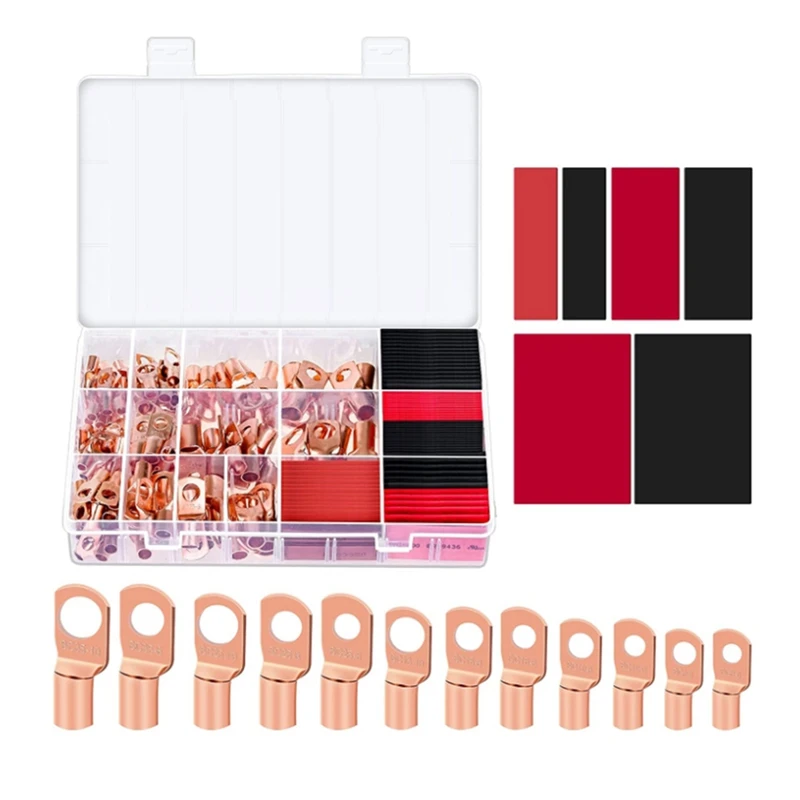 

240Pcs Copper Wire Lugs with Heat Shrink Set,Ring Lug Wire Connectors Kit, Battery Terminal Connectors Wire