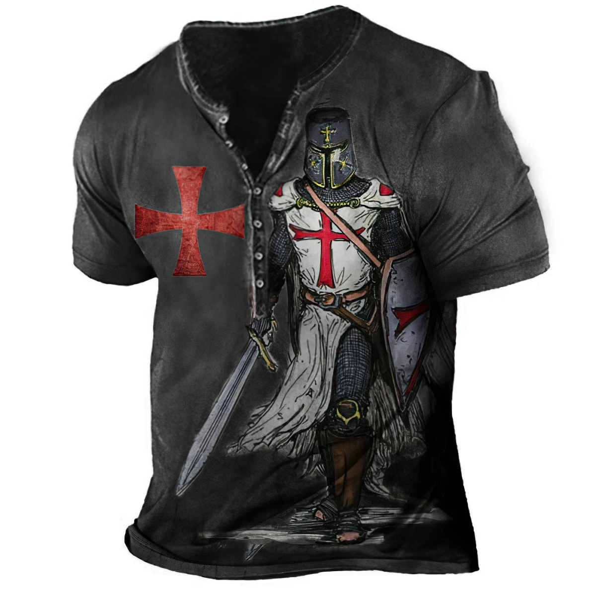 

2022 Vintage Print Men's T Shirts Knights Templar Summer Tees Cotton Button-Down V-Neck Loose Short Sleeve Samurai Pattern Tops