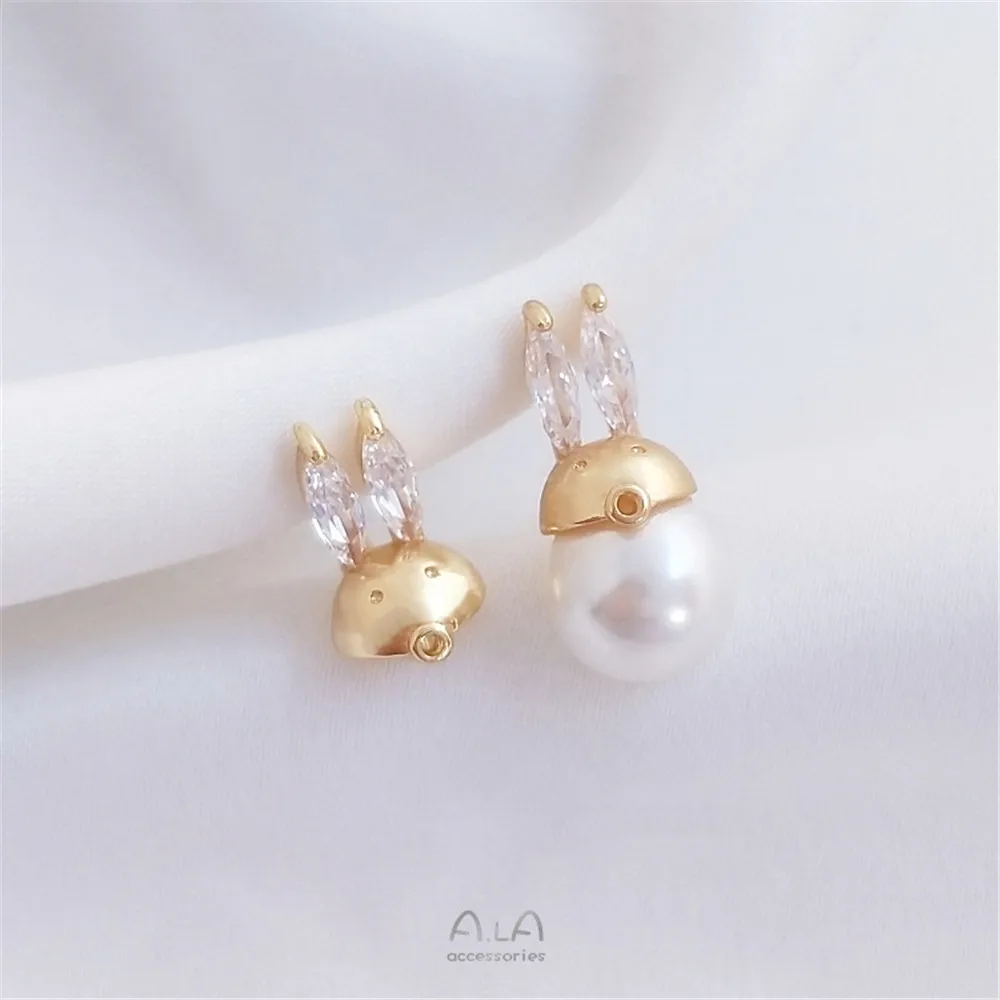 

S925 silver pin 14K gold-covered color-protected cute rabbit zirconia rabbit head half-hole bead bracket earrings diy earrings