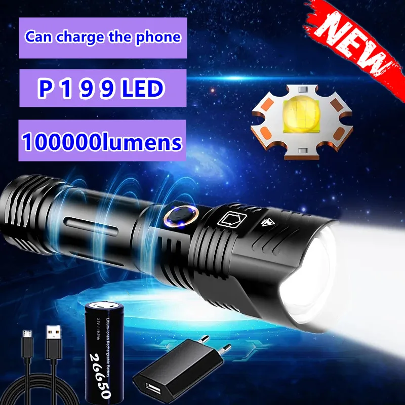 

XHP199 Super Bright LED Fashlight Waterproof USB Rechargeable Lantern 2021 26650/18650 Tactical Brightest Light Zoom Lantern