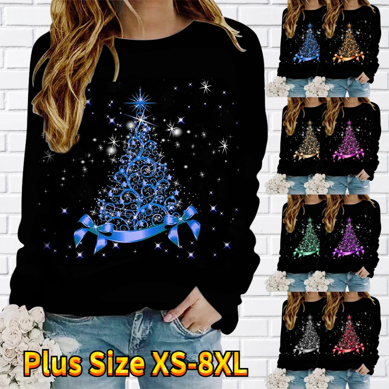 

Женский свободный пуловер с длинным рукавом, Повседневная футболка с принтом рождественской елки и круглым вырезом, осень 2022