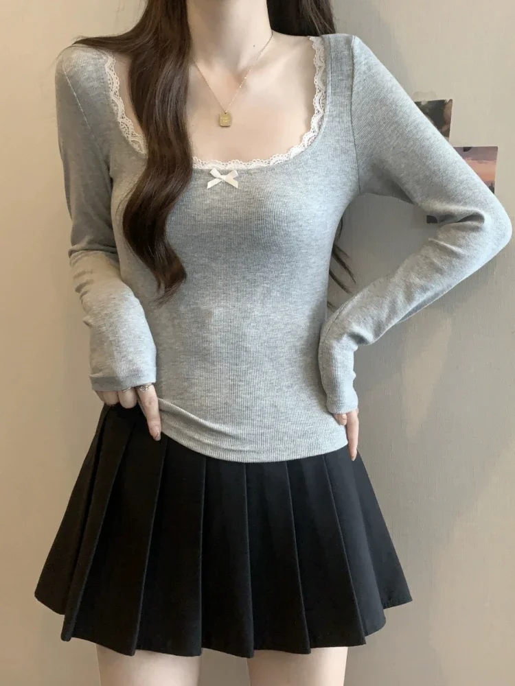 Весенние топы с бантом Y2k женские белые тонкие кружевные квадратным вырезом