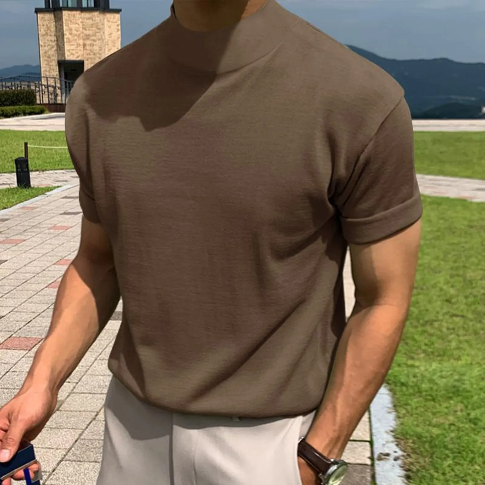 

Male Spring And Summer High Neck Short Sleeve Solid Color Pleated Round Neck Casual T Shirt Top Men Shirts Pocket T Shirt Pack