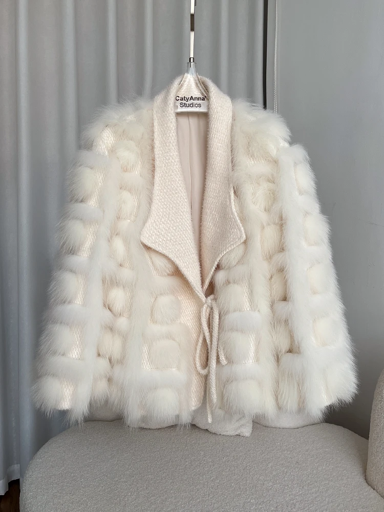 2022 New Style Real Fox Fur Coat Winter Women Loose Style Knitted Cardigan Jacket blended Thick Warm enlarge