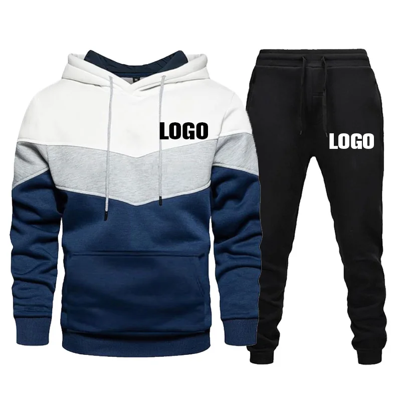 Custom LOGO Men's Sportswear Color Stitching Brand Hoodie + Pants 2 Pieces Set Spring Autumn Casual Jogging Suit Male Tracksuit