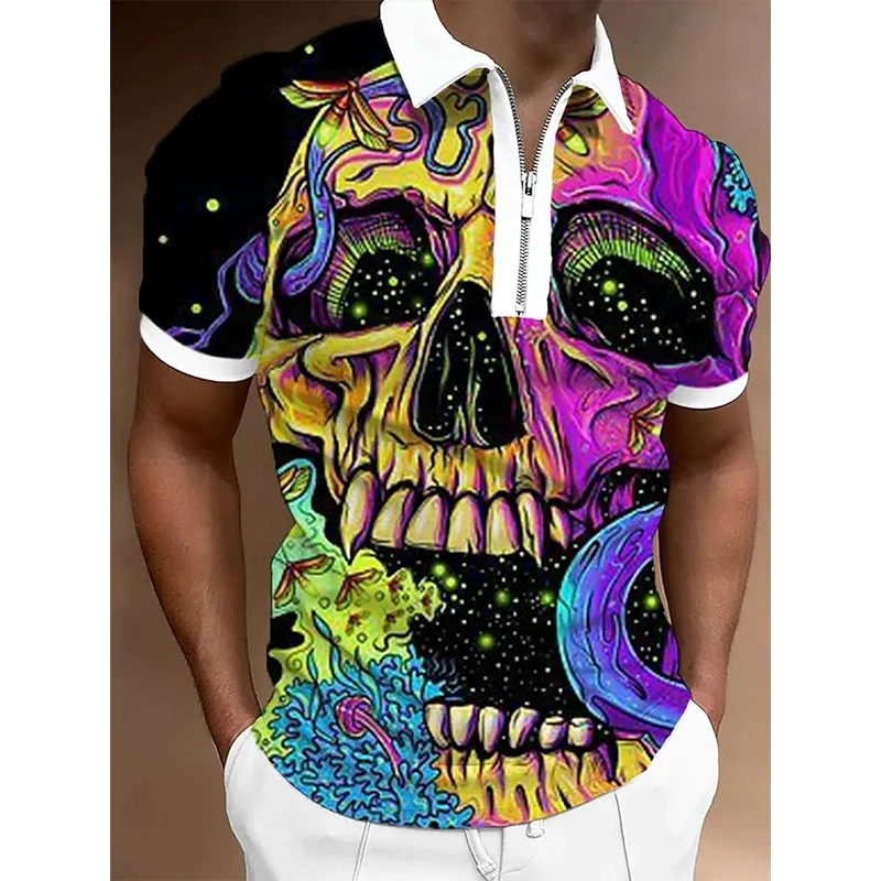 

Summer Men's POLO Shirt 3d Printed Skull Fashion Short Sleeve Top Men's Casual Lapel Zipper T-Shirt High Quality Streetwear