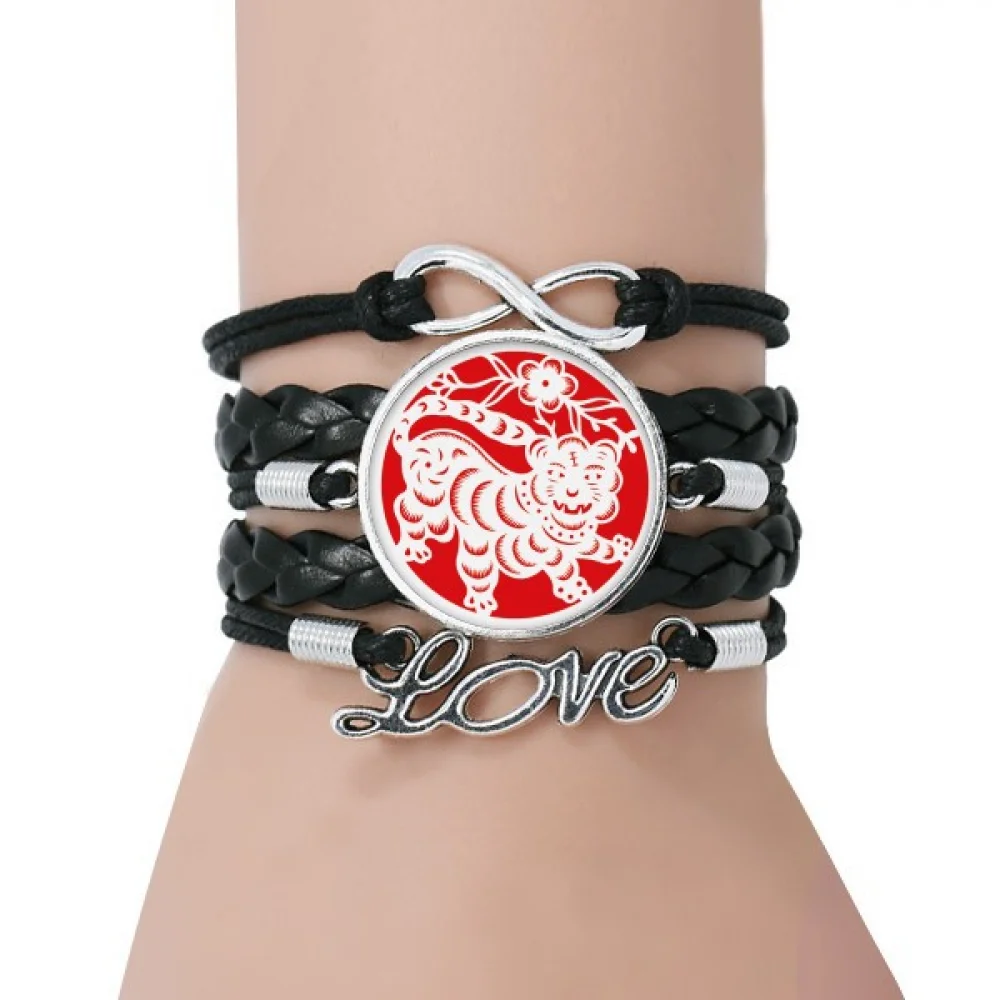 

Paper-cut Tiger Animal China Zodiac Art Bracelet Love Accessory Twisted Leather Knitting Rope Wristband