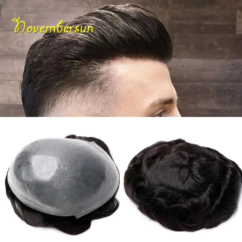 Mens Toupee Hair Pieces 0.03mm Thin Skin V-Loop Toupee 100% Human Hair Male Wig Natural Men Hair Replacement System