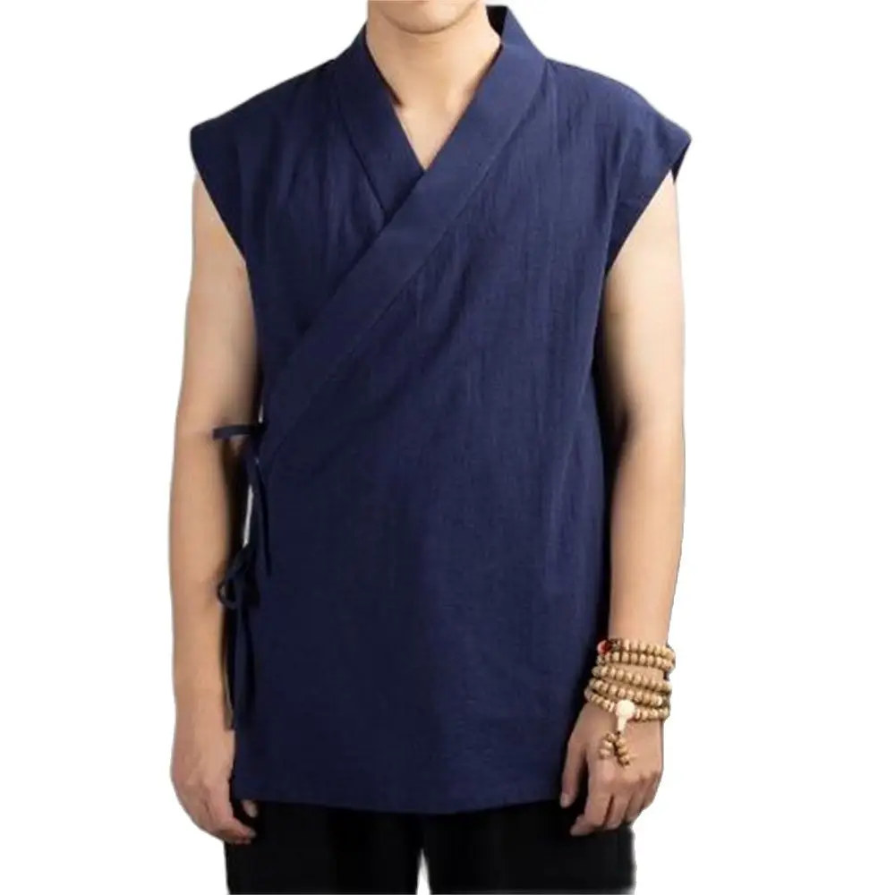 

Men Linen Cotton Sleeveless Top Men's Tang Suit Kimono Cardigan Men's Slit Top Chinese Traditional Clothing Hanfu Vest