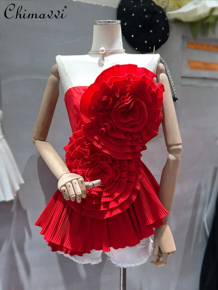 

Женская плиссированная майка с оборками, летний топ в европейском стиле с трехмерными цветами, 2023