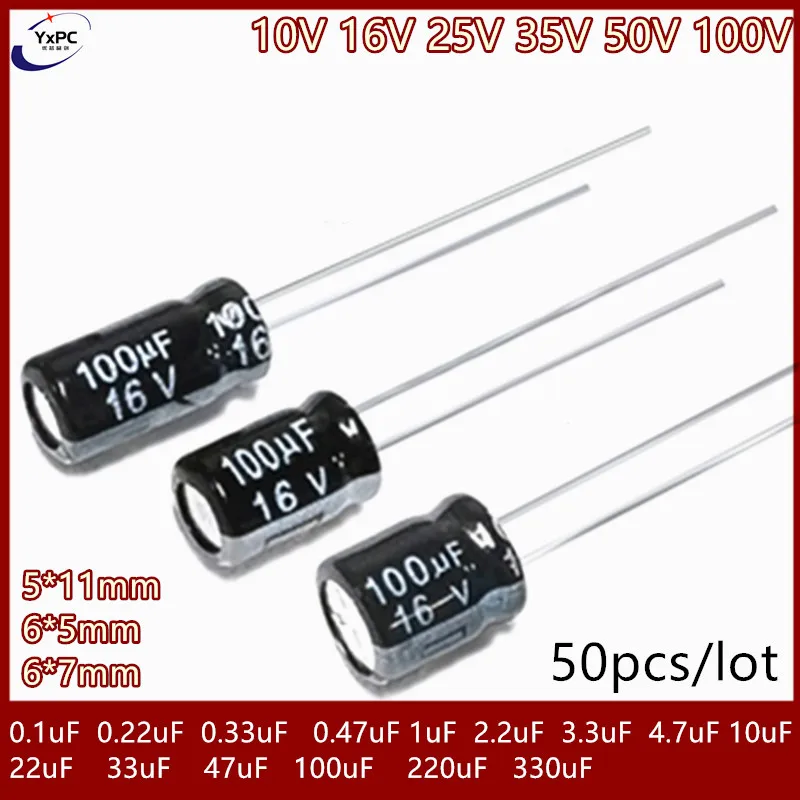 

50pcs 10V 16V 25V 35V 50V 100V aluminum electrolytic capacitor 0.1UF 0.22UF 0.33 0.47 1 2.2 3.3 4.7 10 22 33UF 47 100 220 330uF