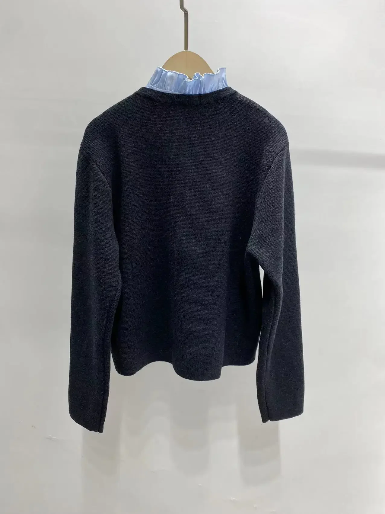 

Women Cardigan Letter Embroidery Stitching Ruffles Collar Single Breasted Casual Ladies Knitted Sweater