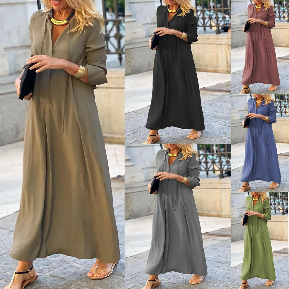 

Dress Casual Skirt Irregular Women Maxi Dress Summer Solid V-Neck Long Sleeve Ladies Dress Button Holiday Vintage Streetwear