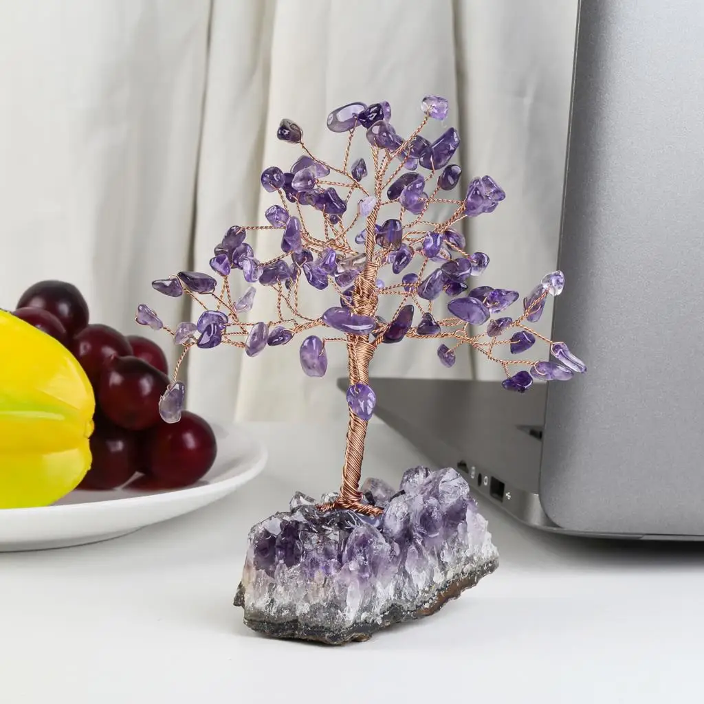 Lucky Money Crystal Tree Mini Pine Tree Natural Rough Amethyst Cluster Base Table Decor Home Ornaments Stone Craft Gifts