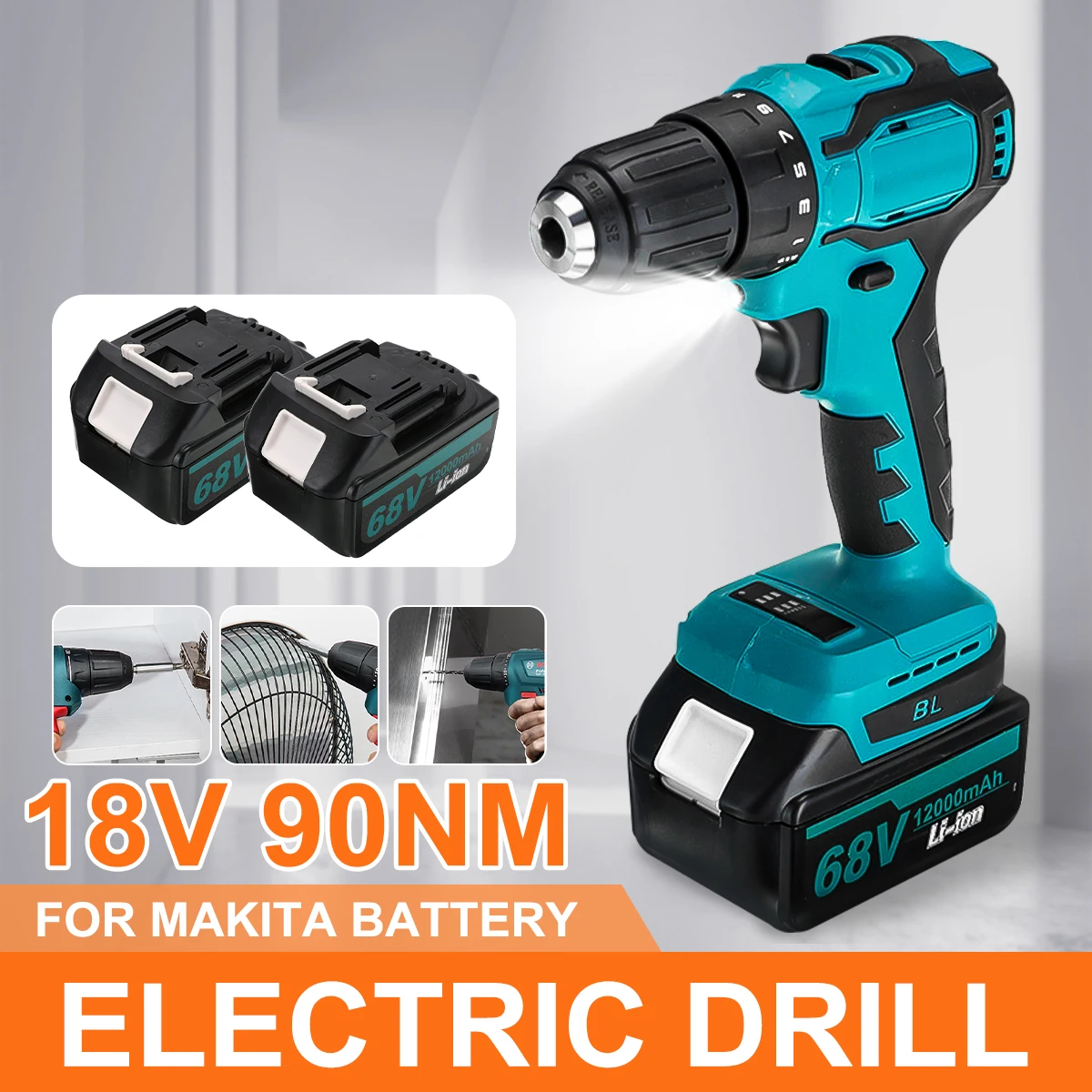 

90Nm Brushless Impact Wrench Drill Electric Cordless Hammer Screwdriver DIY Home Power Tool Rechargable For 18V Makita Battery