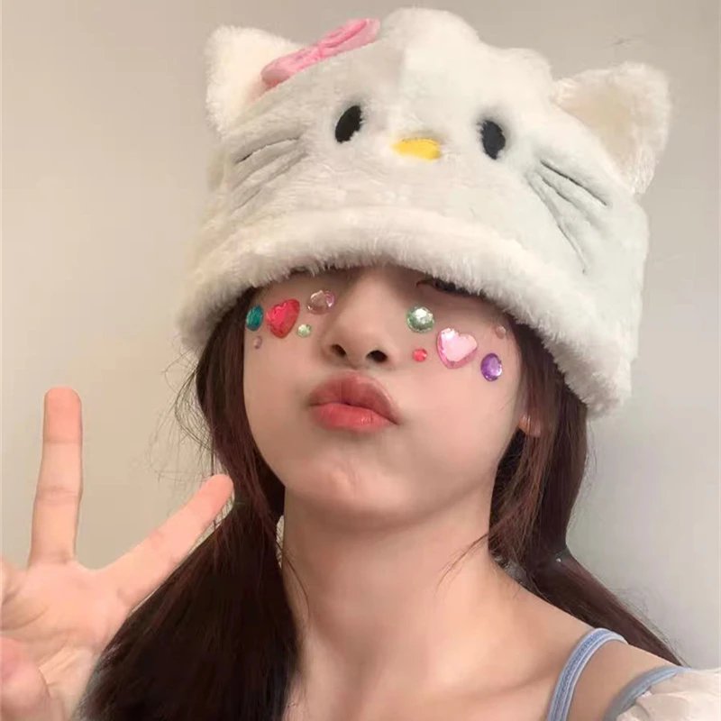 

Sanrio, милая мультяшная плюшевая шапка Hello Kitty, зимняя сохраняющая тепло кавайная пушистая мягкая милая девочка с сердцем, Детский Рождественс...