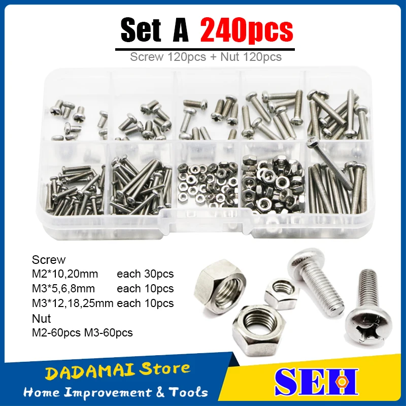 

SEH 240Pcs Cross Recessed Round Pan Head Machine Screws Set M2 M3 Nut Stainless Steel Mini Screw Phillips Screw Hex Nut Kit