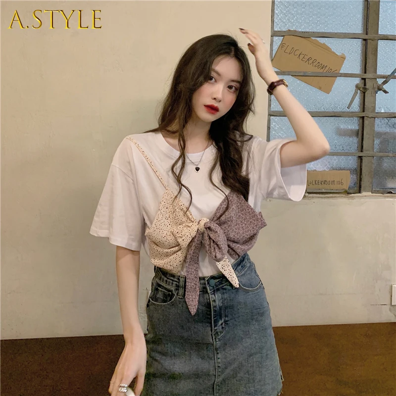 

A GIRLS A GIRLS 3 Sizes M L Xl Bow Patckwork Solid Simple Fashion Short Sleeve 2021 Summer New Korean Fashion Women Top T-shirts