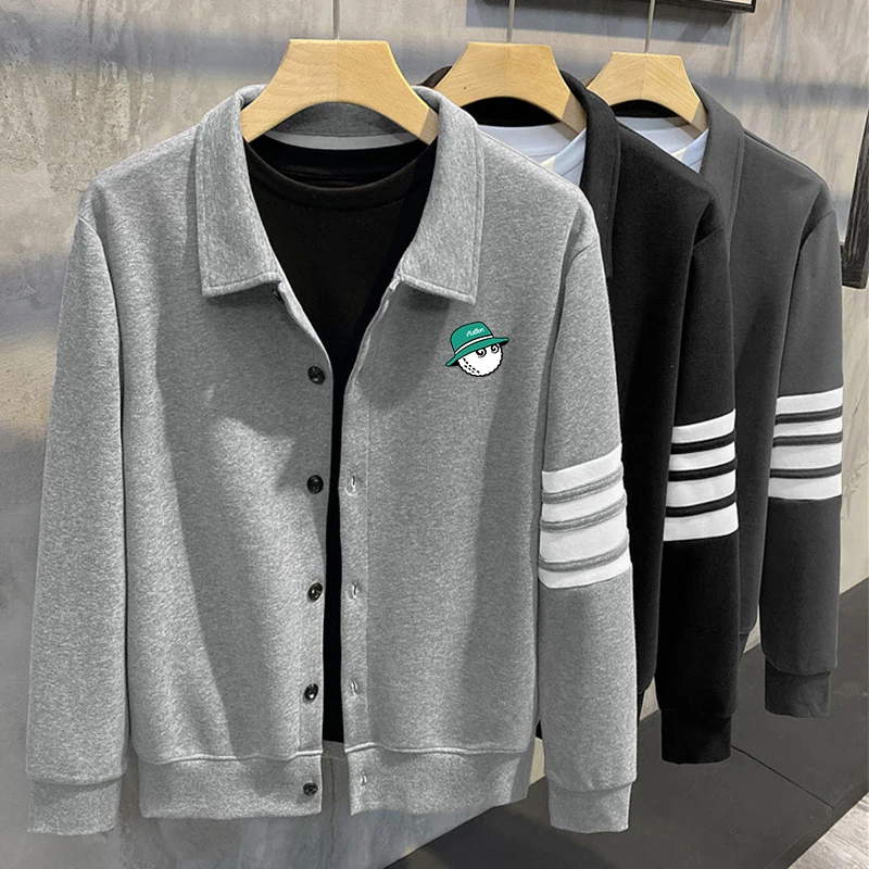 Golf Coat Men Contrast Stripe Four Bar Sleeves Coat Fashion Slim Fit Collar Casual Korean Edition Golf Jacket Men's Clothing