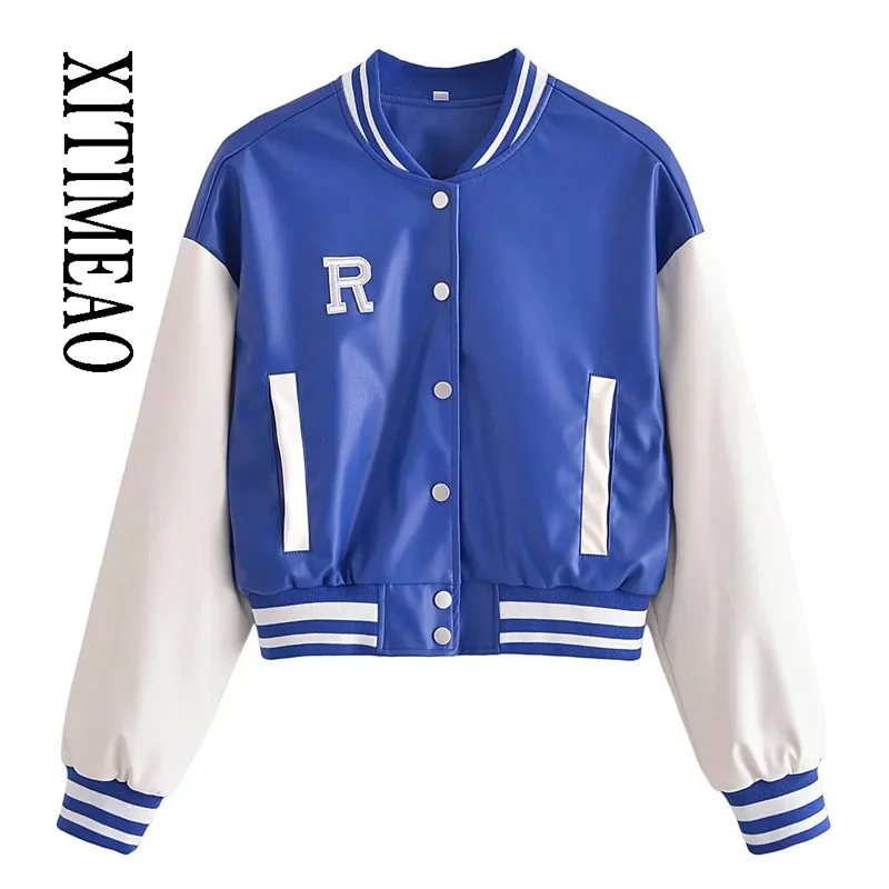 

XITIMEAO Women 2022 Fashion imitation leather baseball uniform Jacket Coat Vintage Long Sleeve Female Outerwear Chic Overshirt