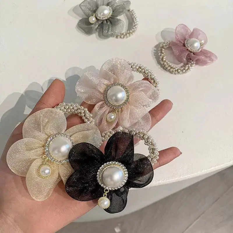 

New Pearl Hair Ties Korean Fashion Rhinestones Scrunchies Rubber Bands Ponytail Holder Girls Summer Hair Accessories For Women