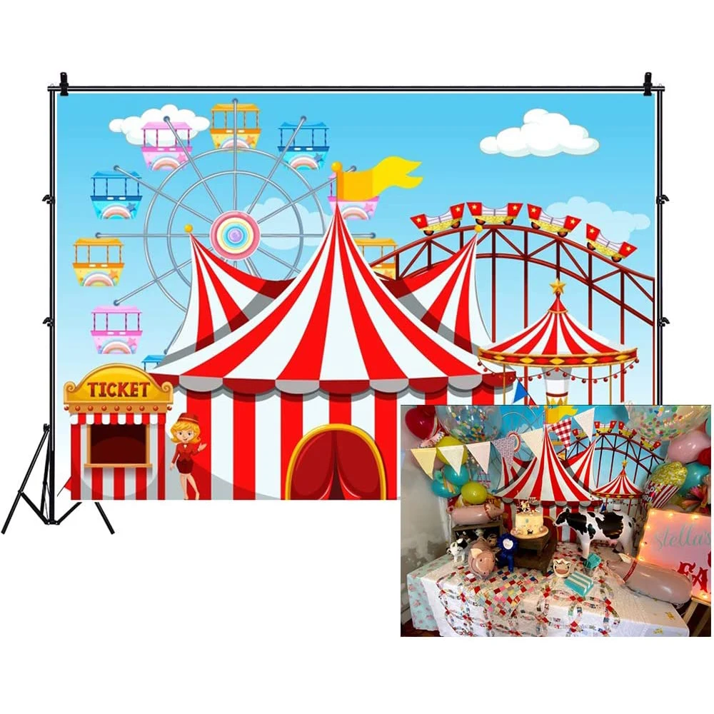 

Cartoon Backdrop Circus Tent Photography Background Ticket Ferris Wheel Carousel Roller for Boy Girl 1st Birthday Party Banner