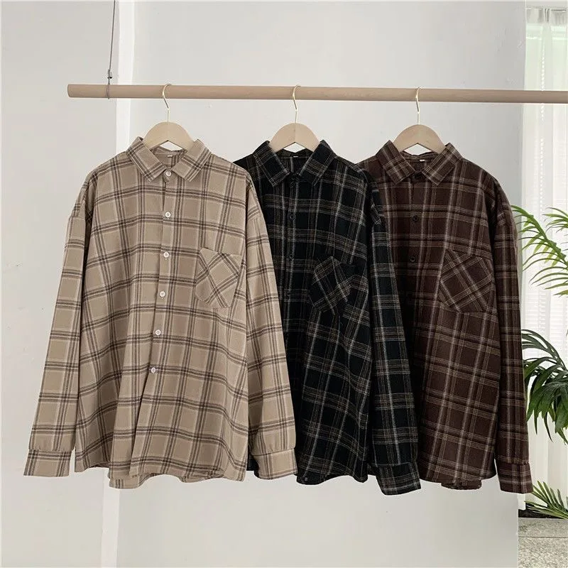 

Shirt women's plaid long-sleeved retro Hong Kong flavor loose oversize women's Korean version spring outer wear student top
