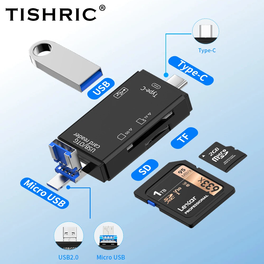 Кардридер TISHRIC 6 в 1 USB + Type-C micro Android/TYPE- C устройство для чтения карт TF SD адаптер OTG Drive