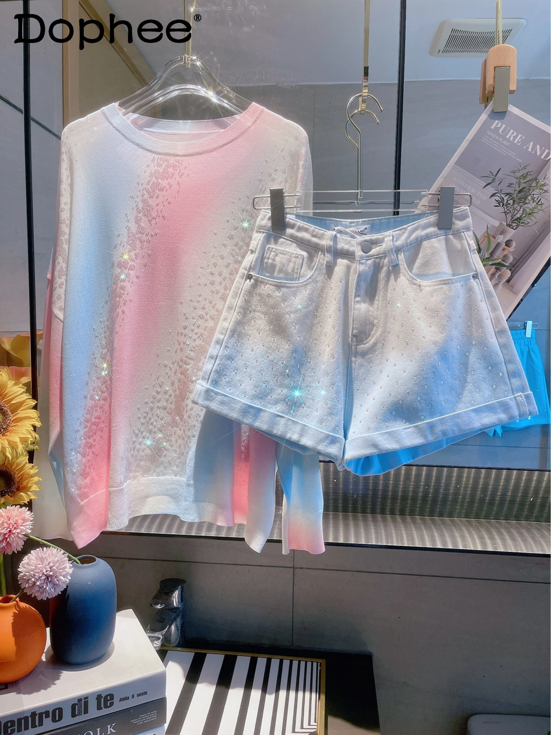 

Rainbow Color Ice Silk Sun Protection Shirt Thin Sweater Tie-Dye Gradient Rhinestone Knitted Top Denim Shorts Women 2-Piece Set