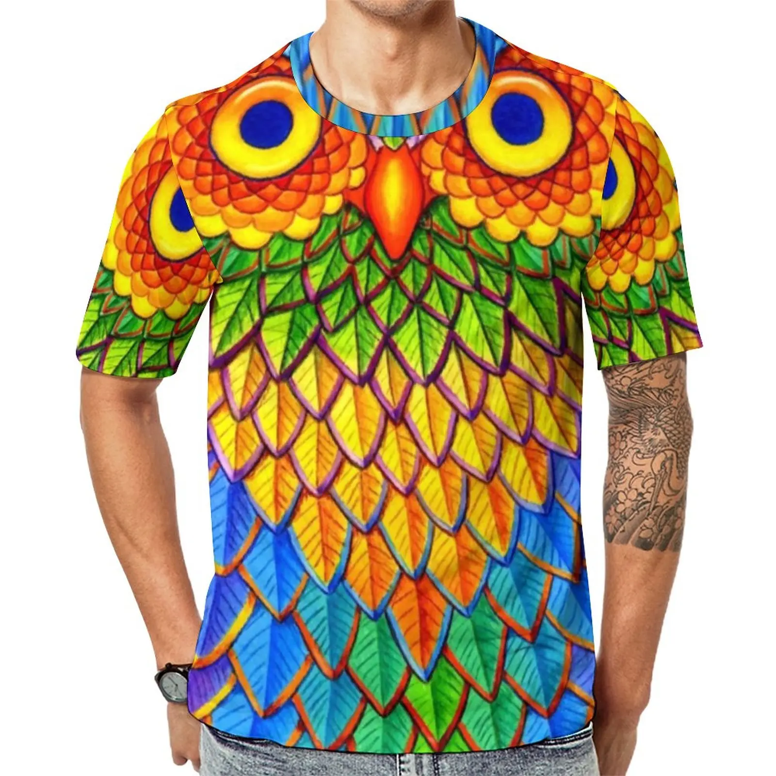 

Colorful Psychedelic Print T Shirt Rainbow Owl Men Fashion T Shirts Summer Printed Tee Shirt Short-Sleeve Streetwear Clothing