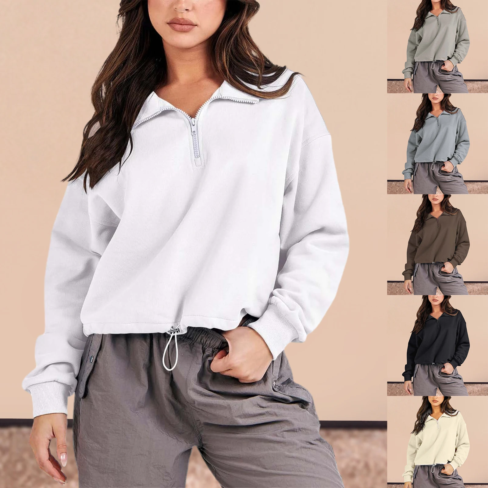 

Half Zip Navel Exposed Sports Sweatshirt Drawstring Women Long Sleeve Sweatshirt Casual Hoodies Solid Color Daily Outfit