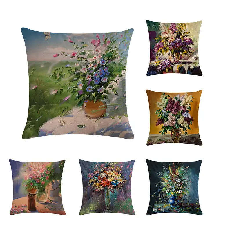 

factory wholesale oil painting euro pillow cover flower funda cojin vase decorativos cotton linen sofa cushion cover ZY215