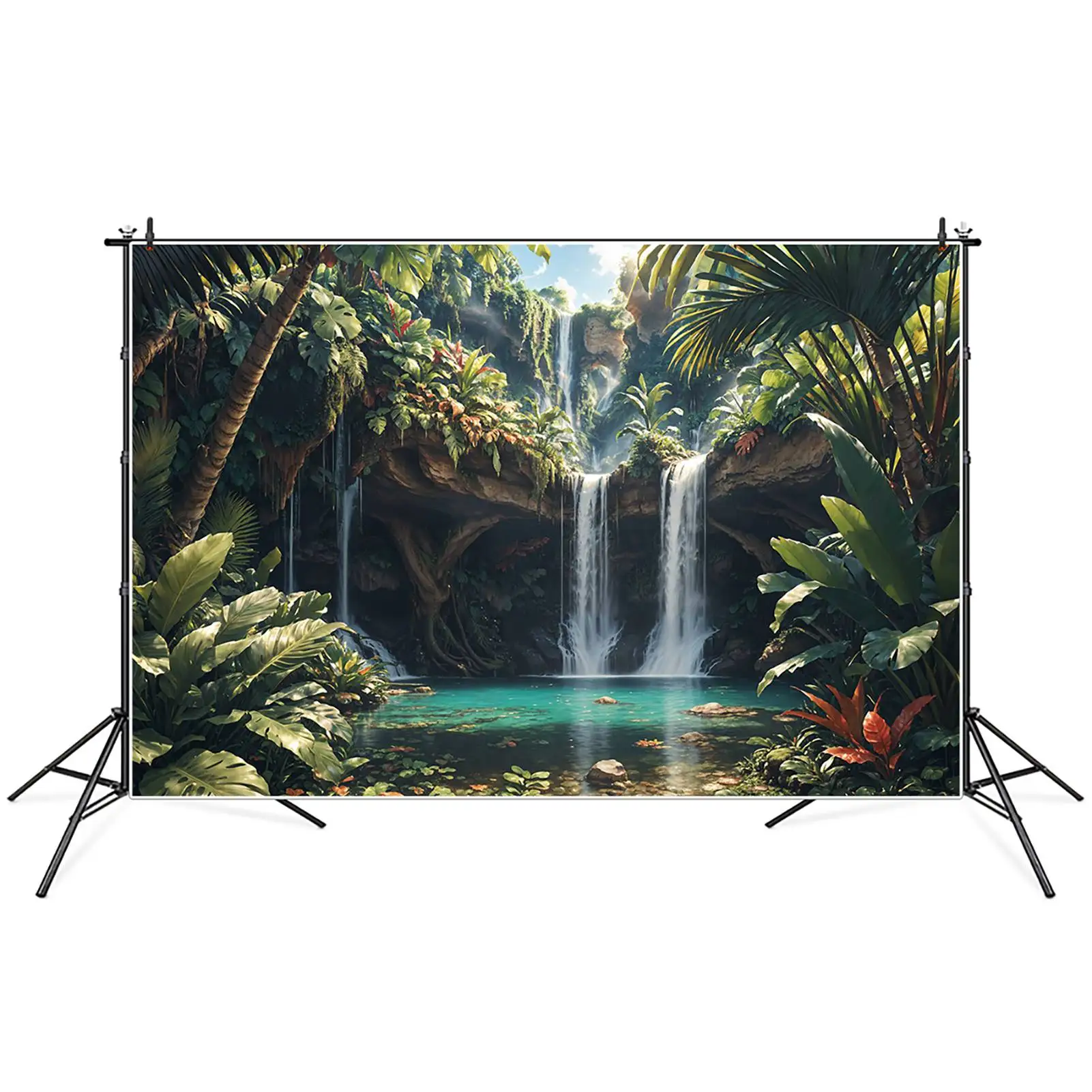 

Waterfall Backdrops Photography Decorations Green Lake Palm Tree Leaves Rocks Customized Children Photobooth Photo Backgrounds