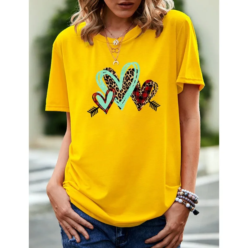 

Hot Sell Europe and America Valentine's Day Love Plaid Leopard Print Women's Round Neck Print T-shirt Fashionable Girl T Shirt