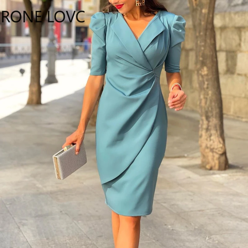 

Women Solid Elegant Small V neck defined waist Puff Sleeves Midi Working Blazer Dresses