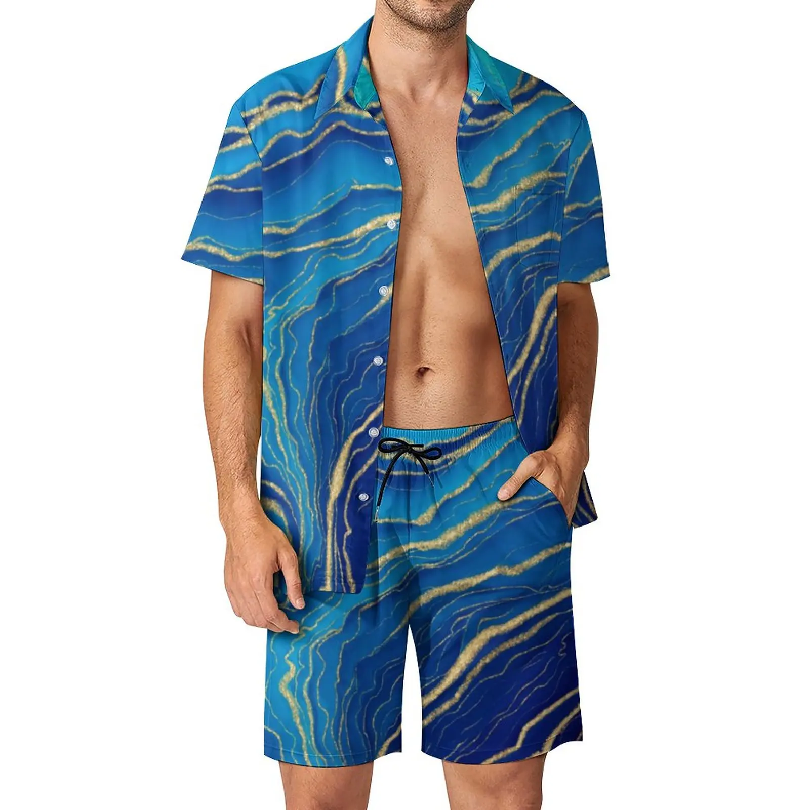 

Костюм мужской летний из 2 предметов, Повседневная рубашка и шорты, жидкий мрамор, цвет голубой и Золотой, большой размер 2XL 3XL