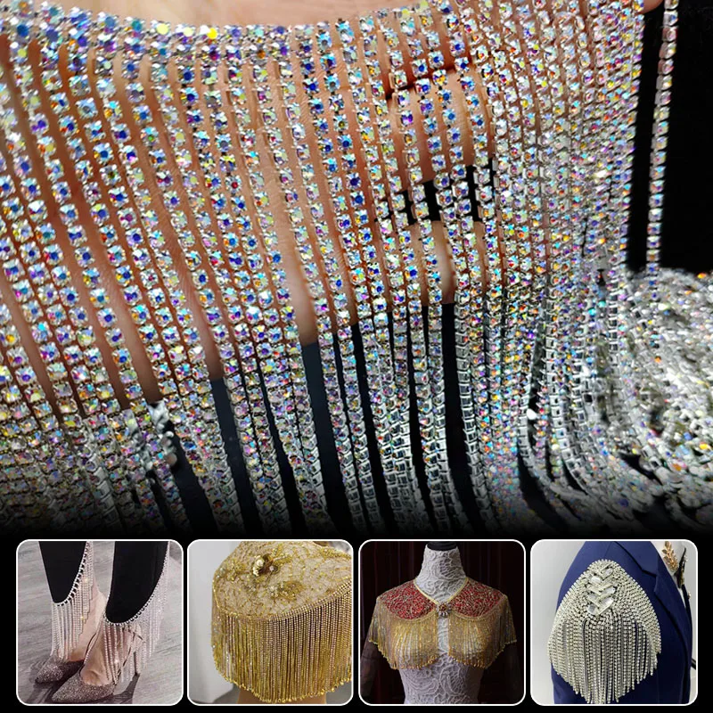 

10cm Glitter Glass Rhinestone Fringe Trim Metal Rhinestones Chain Tassel Ribbon Crystal Applique Banding DIY Shoes Pants Crafts