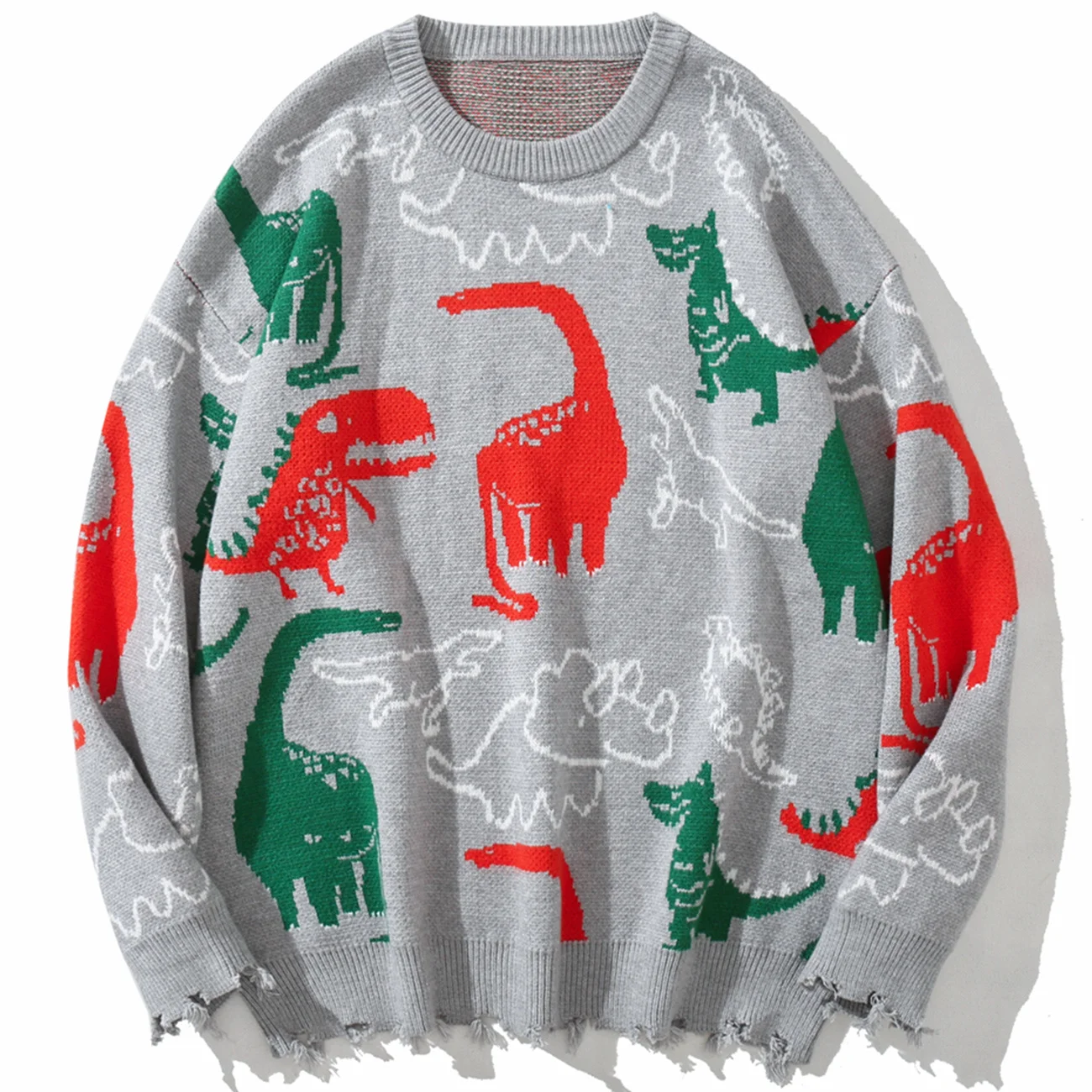 

Pattern Pullover Cartoon Dinosaurs LACIBLE Mens Knitted Sweater Loose Fashion Casual Ripped Jumpers Harajuku Streetwear