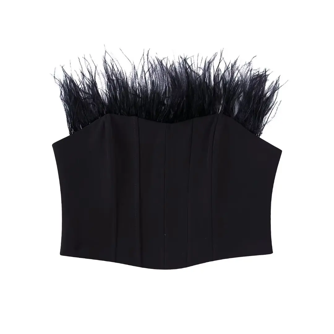 

2022 Women Sexy Fashion With Feathers Corset Tank Tops Vintage Strapless Back Metal Hook Female Camis Mujer