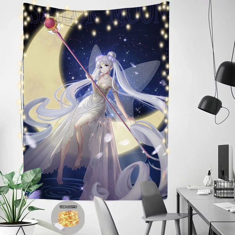 

Sailor Moon Tapestry with Lights Kawaii BedRoom Girls' Dormitorytapestry Wall Hanging Anime Decoration Aesthetic Home Decor