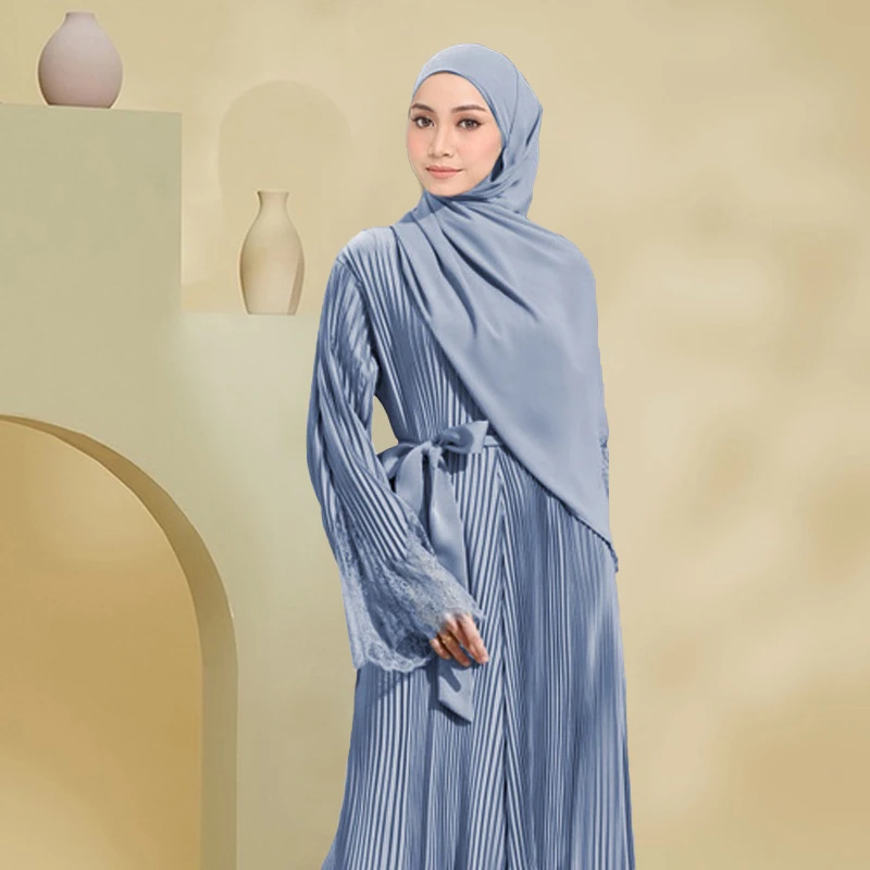 

Pleated Abaya Long Loose Sleeve Lace Embroidery Kebaya Belted Dress Muslim Women Plain Cloth Islamic Elegant Kaftan Robe