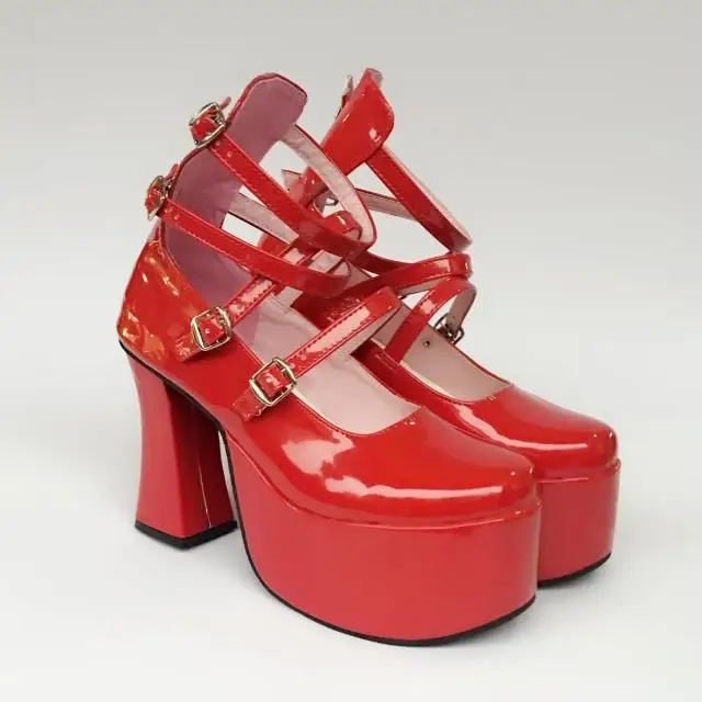 

New Customize Women's Red Patent Leather Pumps High Heels Platform High Top Cross Strap Shoes E5