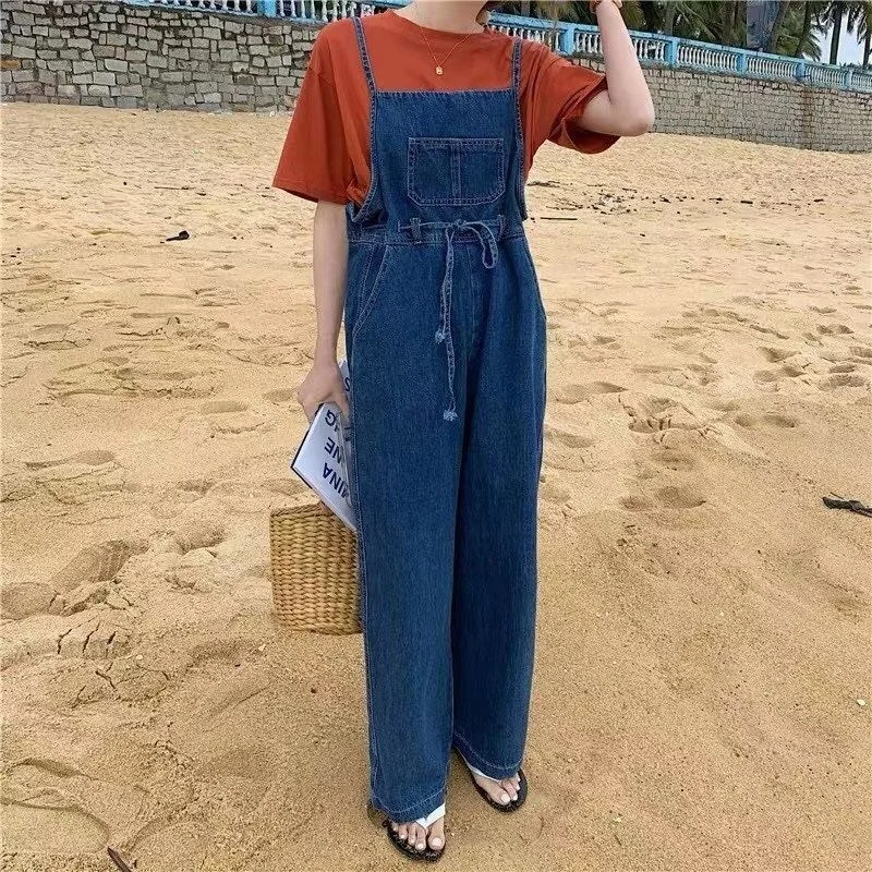 

Korean Denim Suspender Women Denim Overalls Women's Trousers High Waist Jeans Wide Leg Denim Blue Jeans Retro Quality Fashion