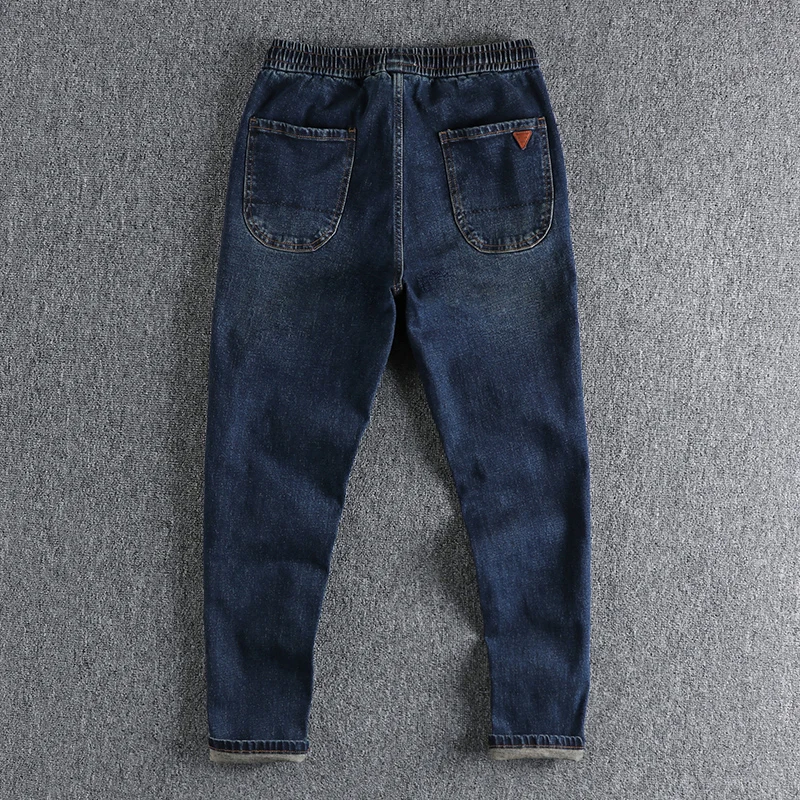 Elastic waist washed nostalgic blue jeans men's stereo cut loose straight feet retro trend youth trousers