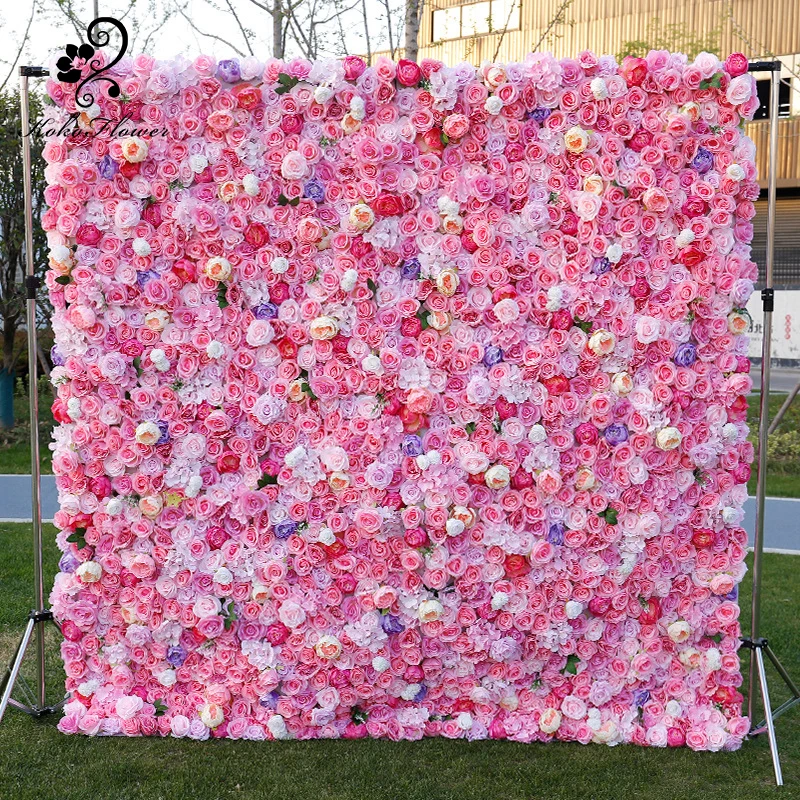 

Koko Flower Pink Rose Hydrangea Artificial Flower Wall Roll Fabric Wedding Background Floral Party Decor Activity Photo Props