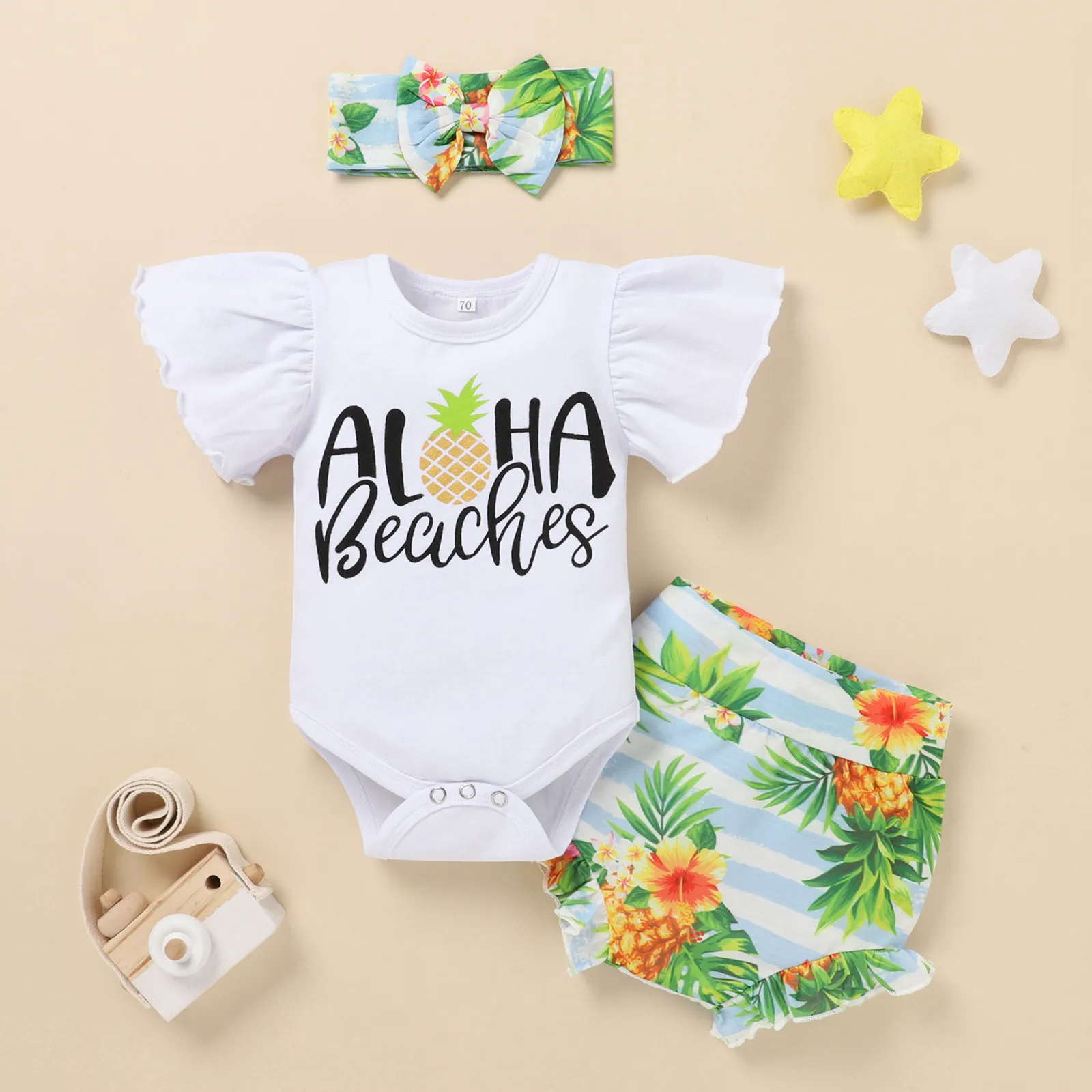 

0-24 Months Newborn Baby Girls Clothes Sets Pineapple Letter Print Summer Fly Sleeve Romper Top+Ruffle Shorts+Headband Sets