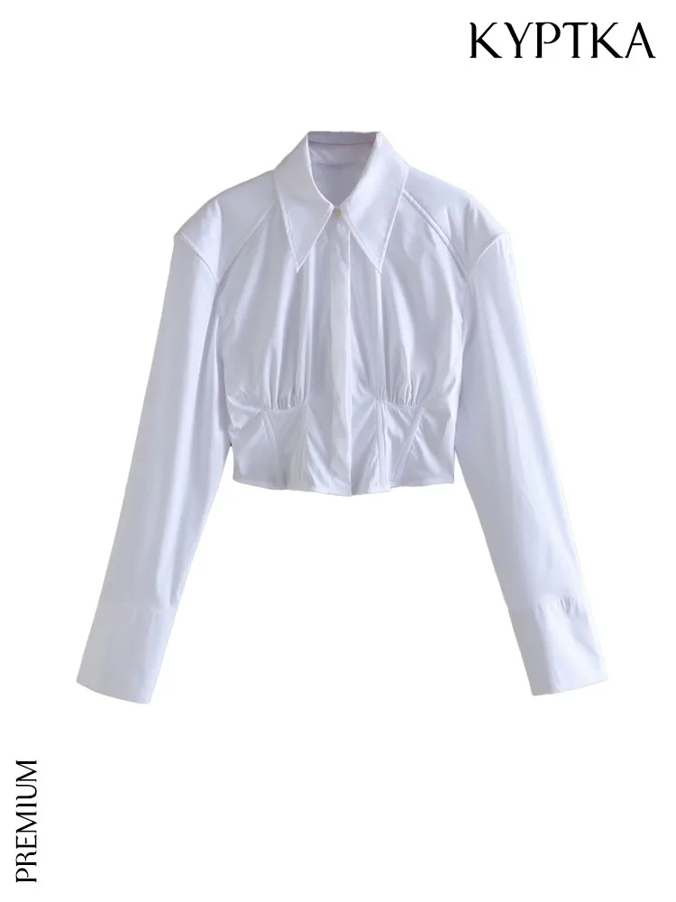 

KYPTKA Women Fashion With Pleats Fitted Cropped Poplin Shirts Vintage Long Sleeve Front Button Female Blouses Blusas Chic Tops